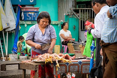 Photograph of a woman butchering chickens for sale at the market in Yangon, Myanmar. 