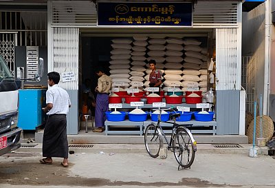 Photograph of a rice shop in Yangon, Myanmar. 